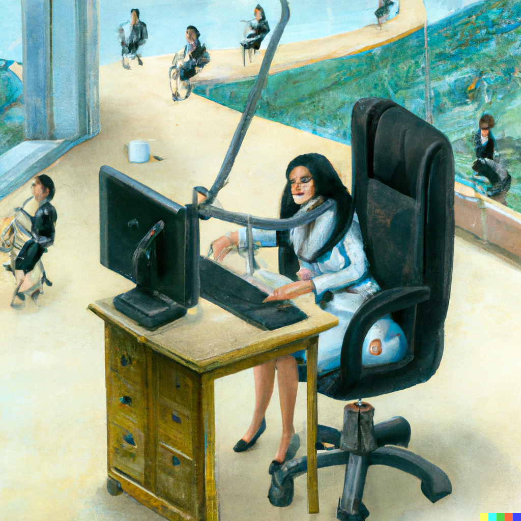 DALL·E generated image with the term: A Surrealism oil painting of a manager struggling with remote leadership, sitting on her office chair in front of a computer screen