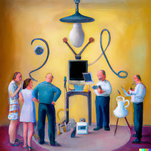 DALL·E generated image with the term: A Surrealism oil painting of a toolset for remote working standing in the middle of the room, with a group of people standing around it confused