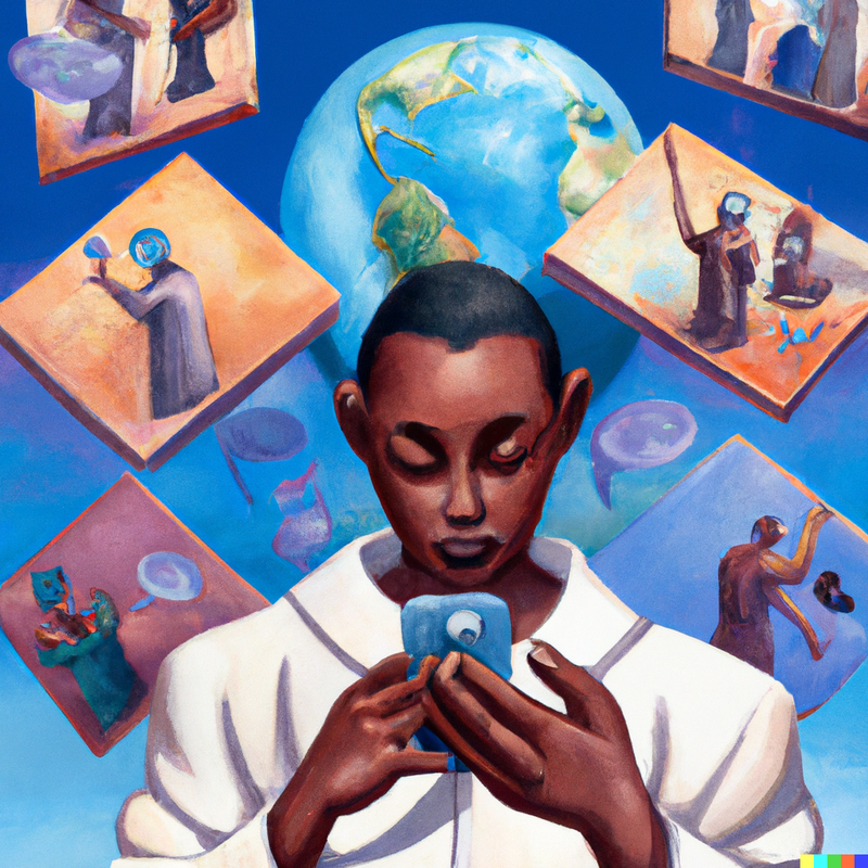 DALL·E generated image with the term: A Surrealism oil painting of multiple people chatting with each other in an online messenger, being in different places around the world, looking lost