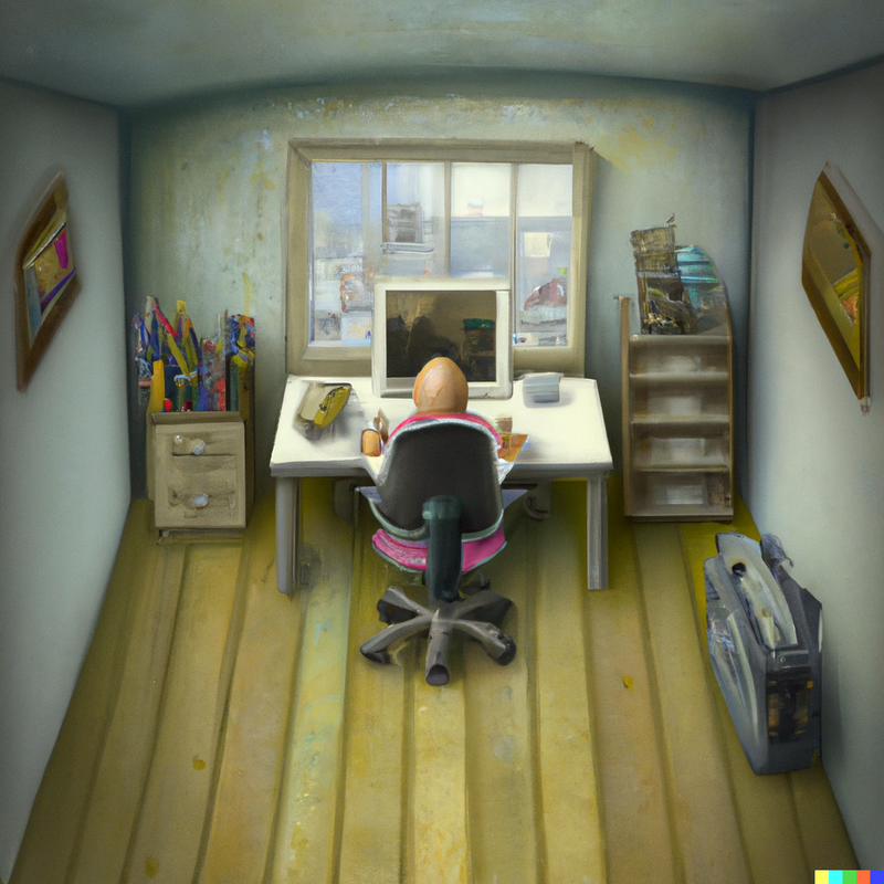 DALL·E generated image with the term: A Surrealism oil painting of a tiny manager sitting in front of their computer in a home office, in a huge room