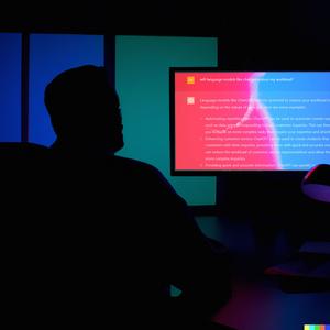 ChatGPT Prompt: A photo of a silhouette of a person with colourful lightning and high contracts sitting at their desk, with a computer screen in front of them. 