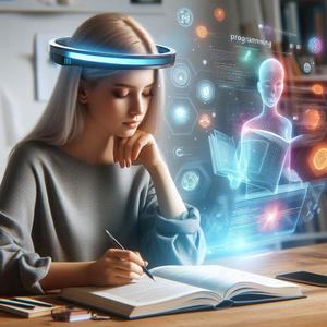 A photo of a blond caucasian girl studying for her major, sitting at a desk with a laptop and a book. The girl is wearing a futuristic band around her head, which is connected to the laptop. The book has holographic characters that float in the air above the pages. The photo is realistic, bright, and colorful, and has a caption that says 'The future of programming is here'. Generated by Dall-e 3
